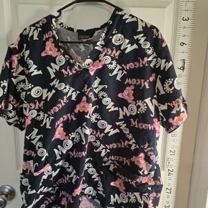 Pink Panther 'Meow' Print Scrub Top - Black & Pink